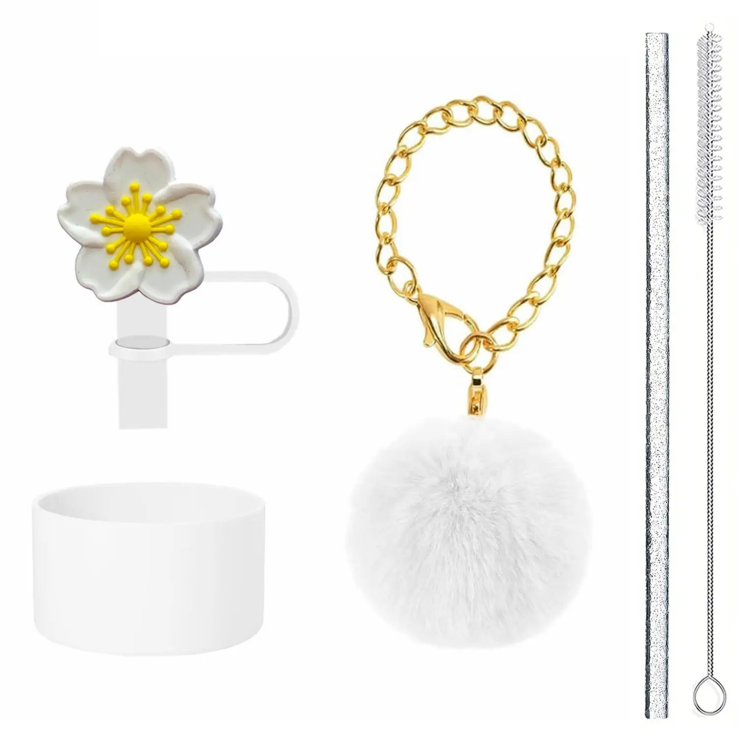 For Stanley Cup Accessory Pendant Silicone Flower Straw Topper Pom-Pom Pendant Cup Chain Straw Brush Silicone Cup Sleeve