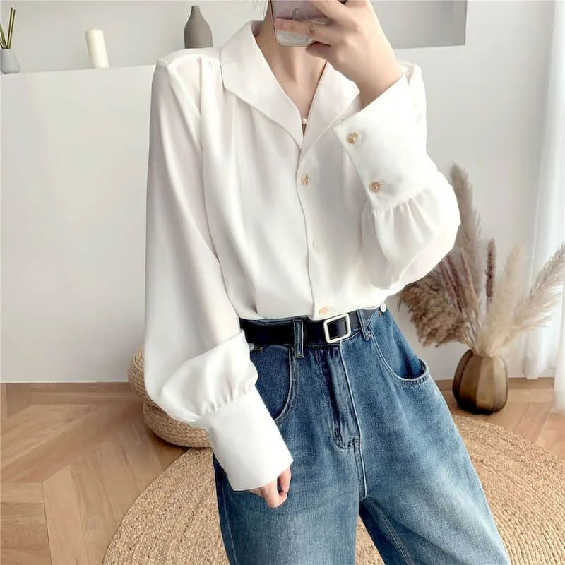 

Chiffon Shirts for Women Vintage Long Sleeved Tailored Collar Casual Korean Style Single Breasted One Piece Blouse Women Tops