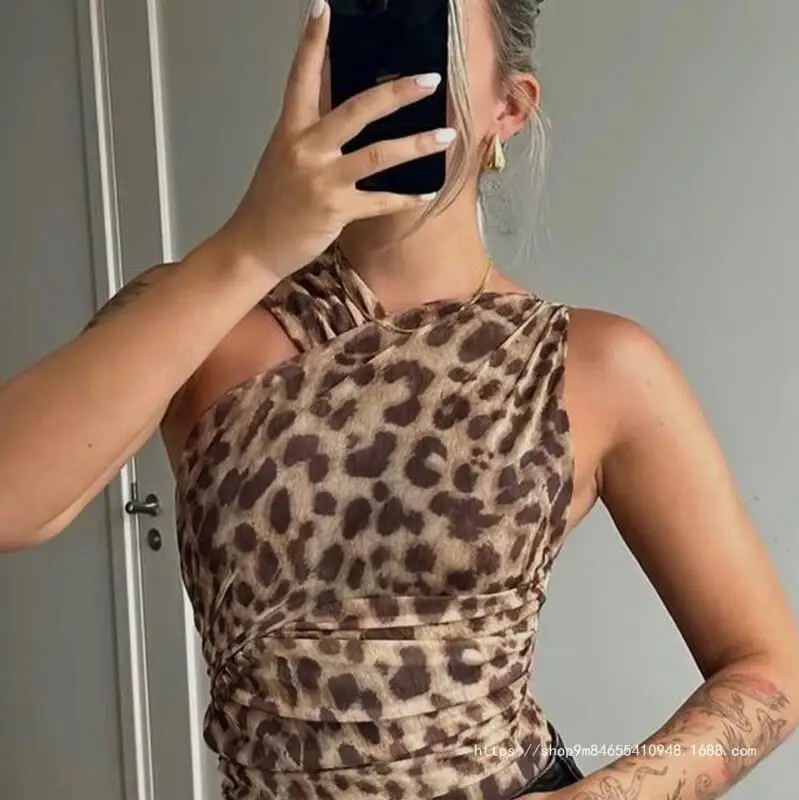 

Y2K популярные топы с леопардовым принтом для девочек, женские топы из тюля с открытыми плечами, сексуальное облегающее боди без рукавов, нижнее белье, сетчатый комбинезон, летние топы