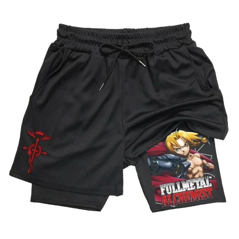 

Shorts for Men 2 in 1 Compression Shorts Gym Man Anime Fullmetal Alchemist Gym Workout Shorts Pockets Quick Dry Running Fitness