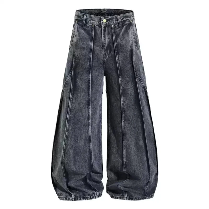 

American Style Fashion Brand Washing Distressed Blue Retro Splicing Loose Wide Leg Jeans Unisex High Street Pleated Pants
