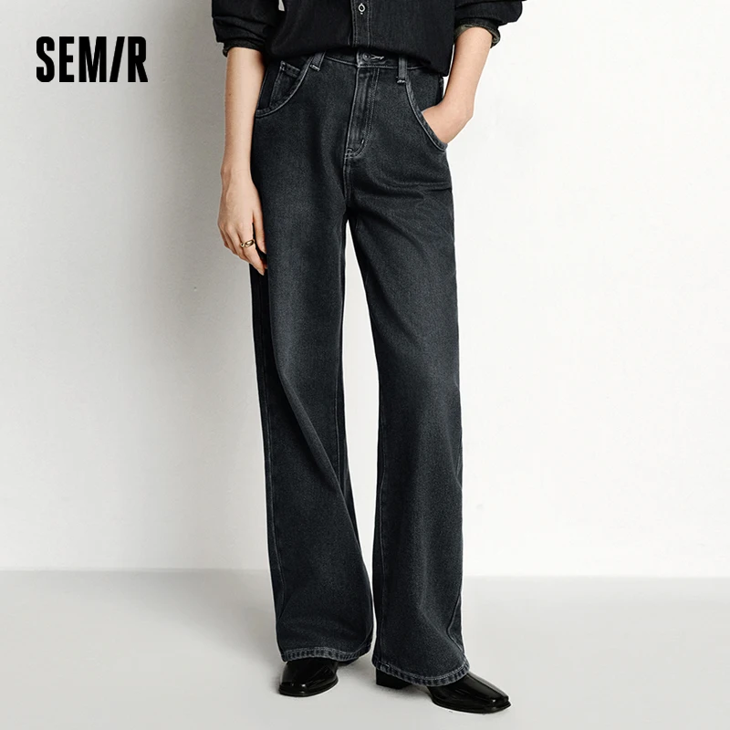 

Semir Jeans Women Frayed Trousers 2024 Winter New Loose Straight Leg Pants Denim Trousers