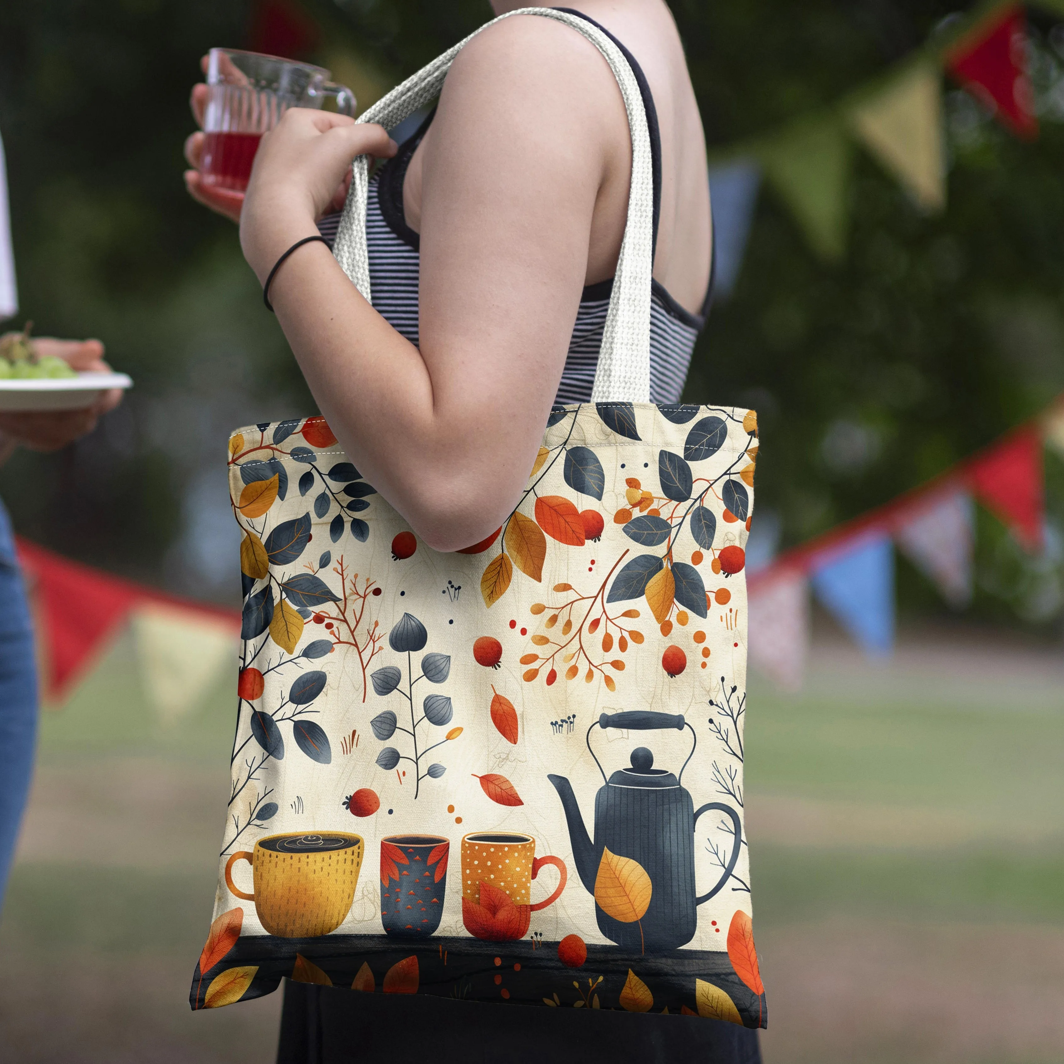 

Autumn Tea Themed Canvas Tote Bag Spacious Durable Perfect for Everyday Use Shopping Multi Functional and Large Capacity Bags