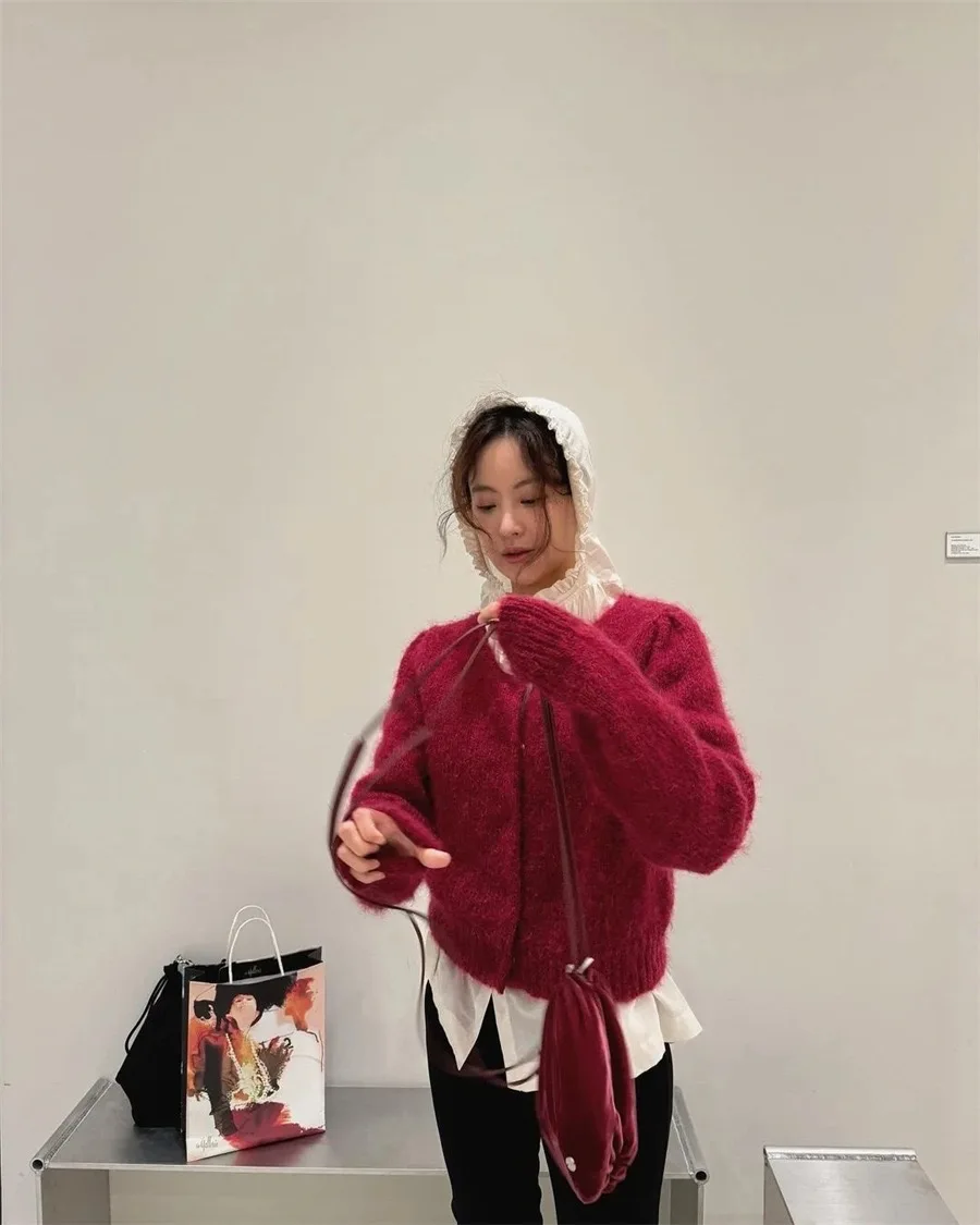 

Bright Maroon round Ne Camere Open Cardigan PREON Work Autumn Winter New Sle White Enhancing Versatile Women's Knitwear