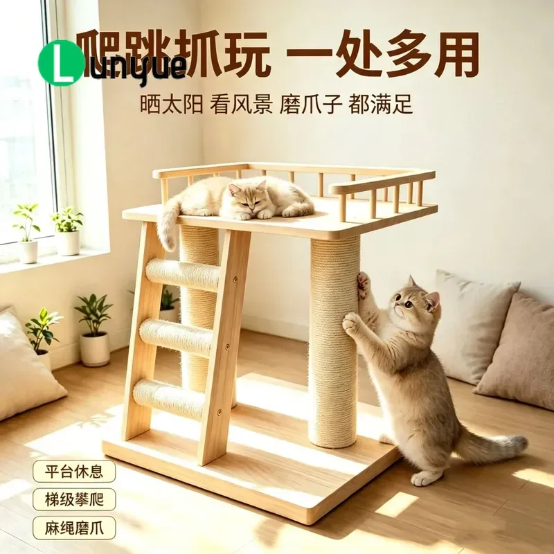 Solid Wood Cat Tree Climbing Frame with Sisal Scratching Post Integrated Lookout Platform and Nest Shelf for Indoor Cats