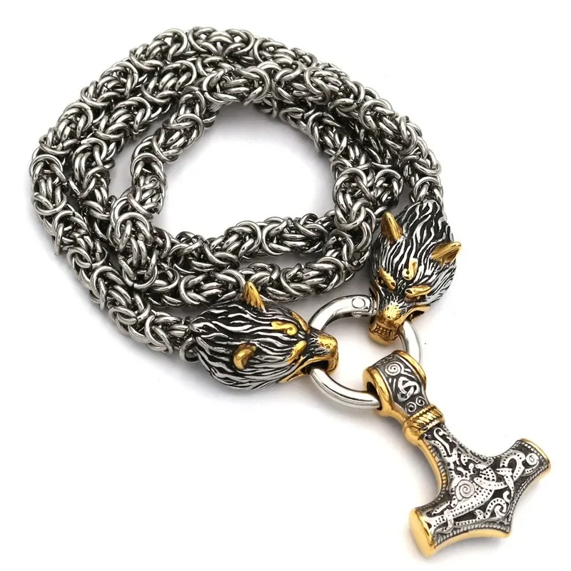 1PC 80cm EDC Self defense Gold Nordic Viking Quake Necklace Men's Wolf Pendant Bracelet Outdoor Stainless Steel Handmade Chain