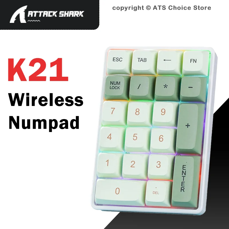 K21 Wireless Mechanical Numeric Keypad 21 Keys Tri-Mode Bluetooth 2.4G Wired Hot Swappable RGB Mini Numpad, ATTACK SHARK 21Key