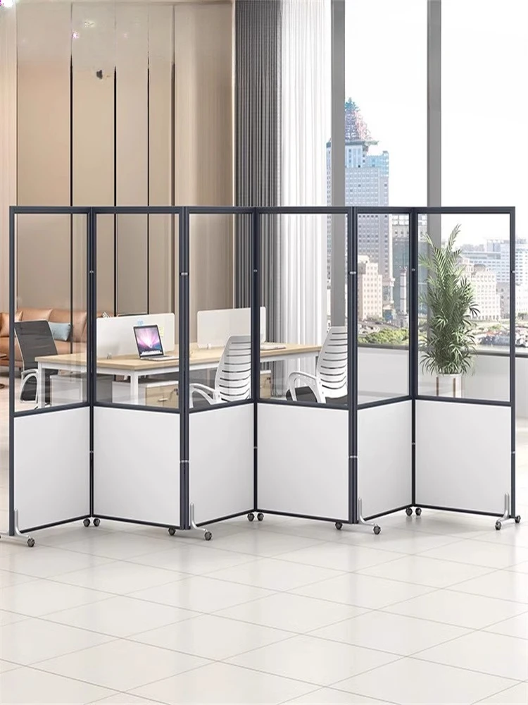 Office mobile screen workshop movable partition wall tempered glass transparent baffle foldable storage