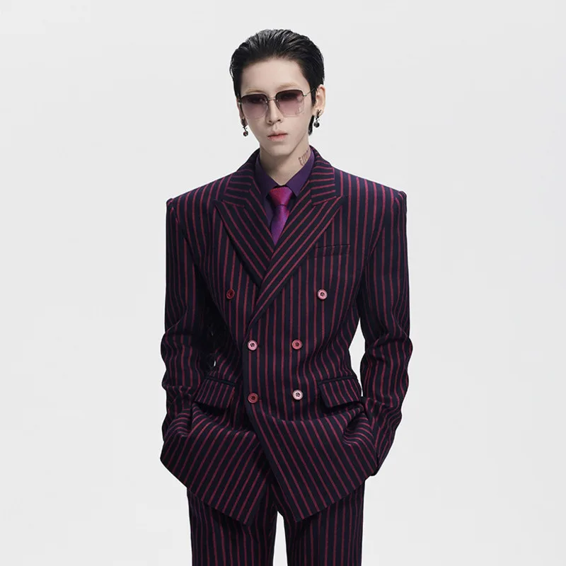 WVGA Spring Autumn New Men High-end Striped Shoulder-padded Double-breasted Blazer Niche Chic Casual Pants Two Pieces Set W26478