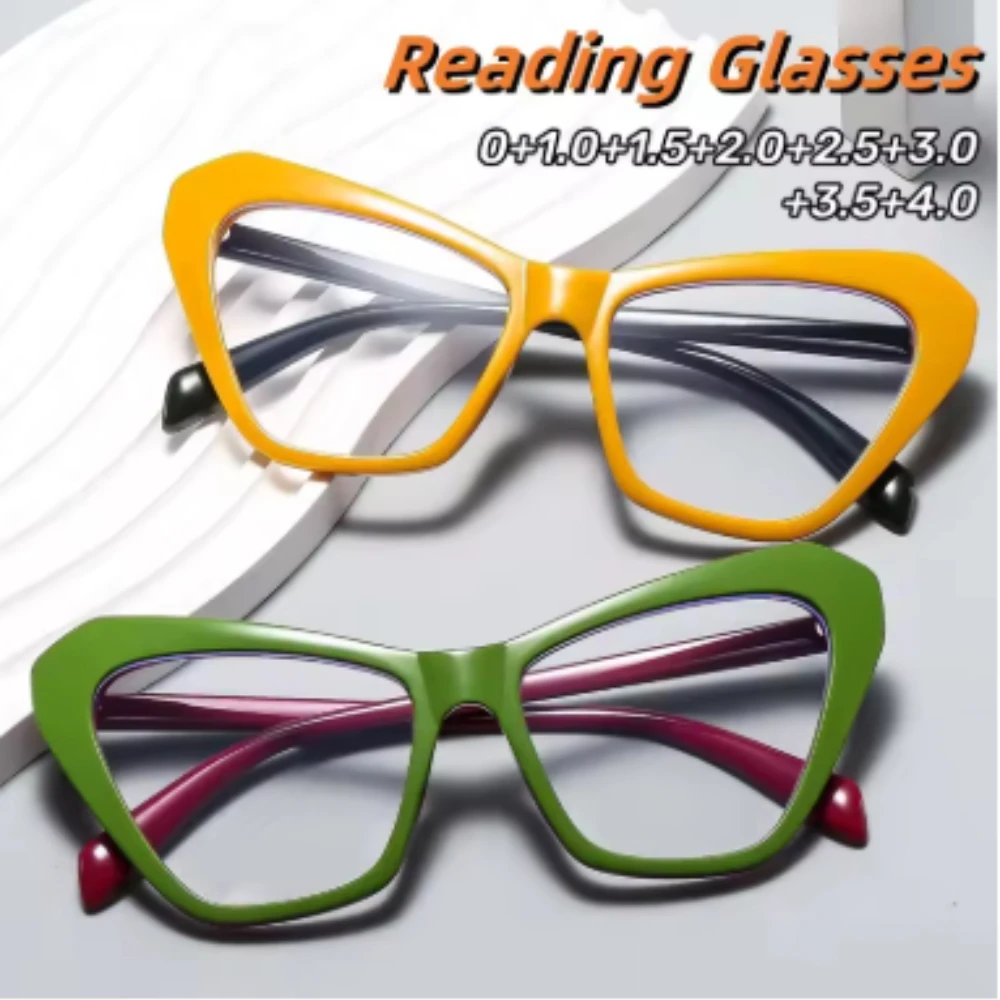 

0+1.0~+4.0 Fashionable Cat Eye Reading Glasses Splicing Colors Anti Blue Light Reading Glasses Same Gender Design Comfortable