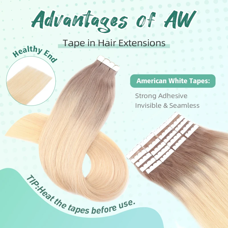 AW Tape In Human Hair Extensions Real Human Hair NoneRemy Straight Natural Seamless Invisible Skin Weft  Adhesive Hair Extension