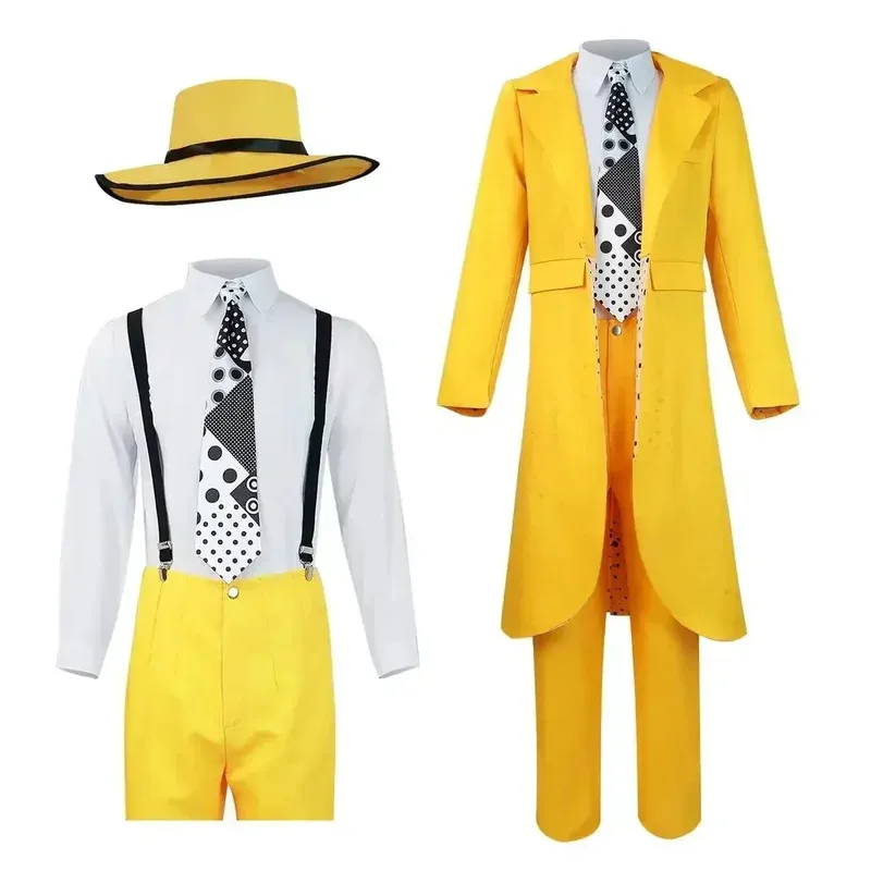 ชุดคอสเพลย์ CyFilm the Mask จิมแคร์รี่ ชุดคอสเพลย์สีเหลือง ชุดยูนิฟอร์มคอสเพลย์ หมวกสีเขียว หน้ากาก อุปกรณ์เสริมสำหรับฮาโลวีน ชุดตัวตลก