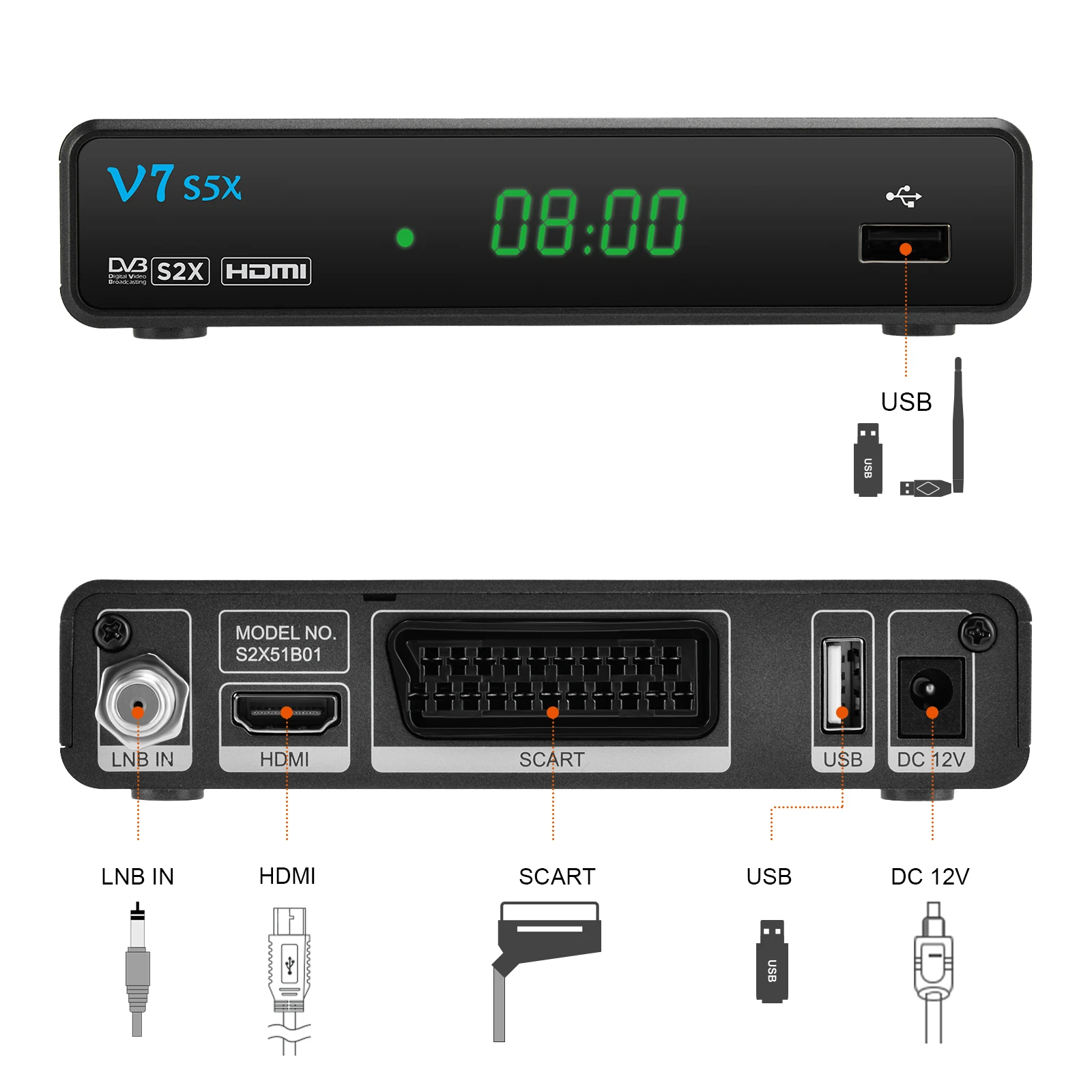 GTMEDIA V7 S5X 1080P HD Satellite Receiver Support DVB-S/S2/S2X, H.265(8bit), AVS+,CCM,ACM,VCM,Multi-stream/T2-MI With USB Wifi