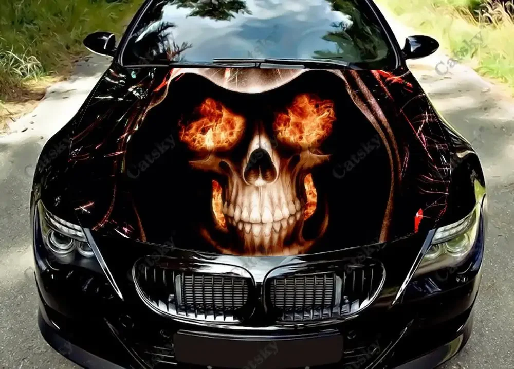 

Черепа огонь глаз автомобильные аксессуары капот виниловые наклейки обмотка крышки двигателя наклейка Универсальная автомобильная защитная пленка Декор