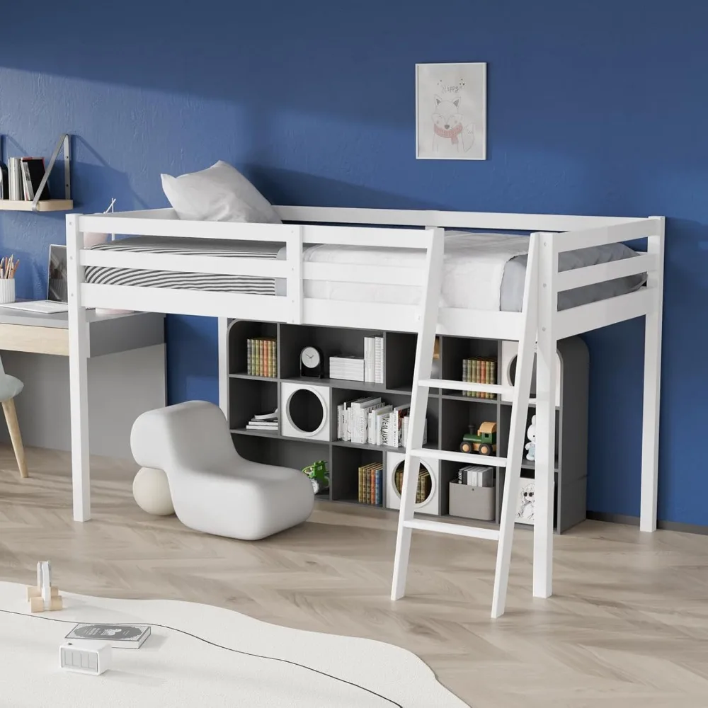 Junior Low Loft Bed with Stairs, White Wood Loft Bed Twin Size for Adults, Kids and Young Teens, No Box Spring Required