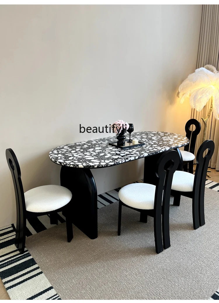 Light Luxury and Simplicity Modern French Retro Terrazzo Dining Table Small Apartment Designer Oval Ash Dining Table Home