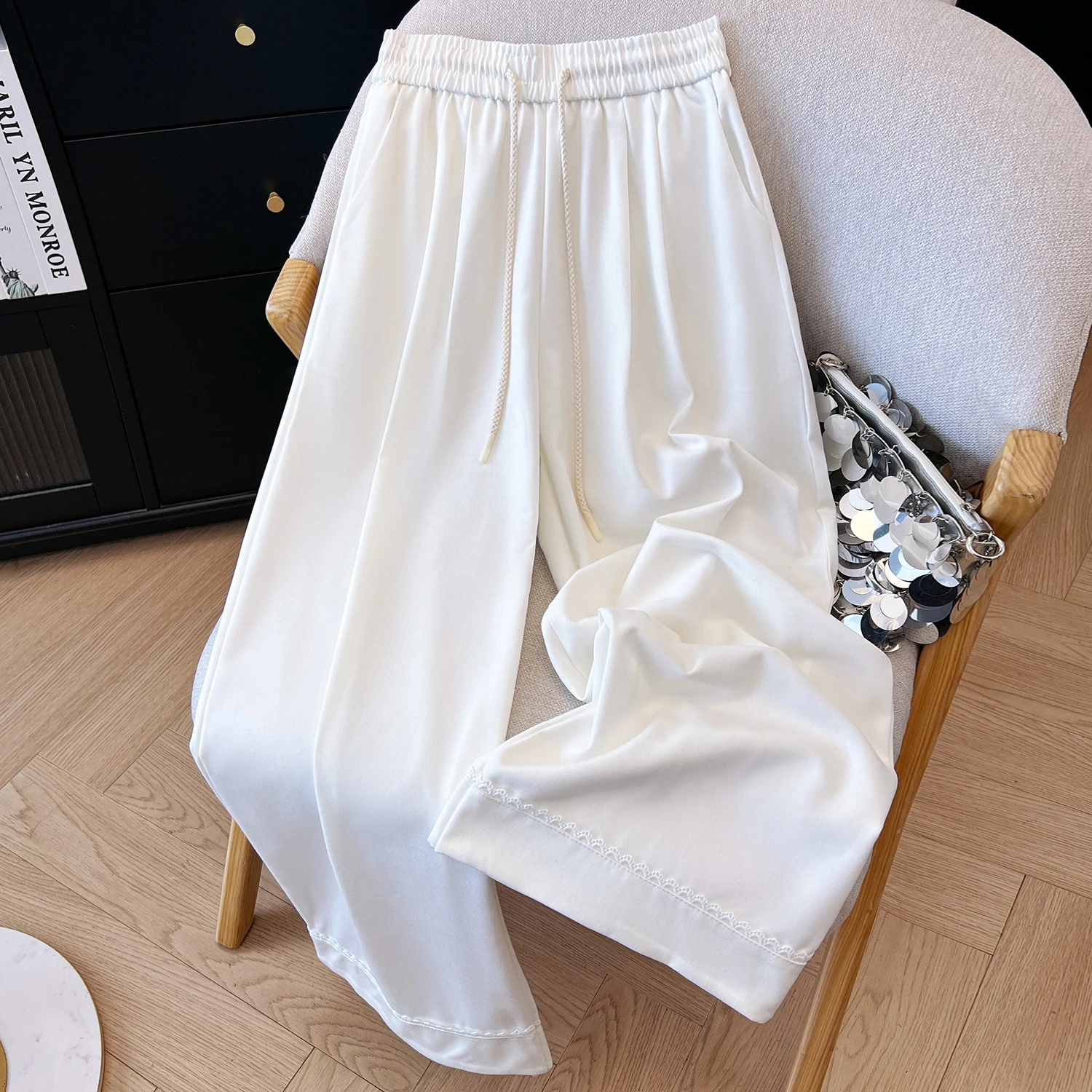 Autumn 2025 New Sle Women's Wide Leg Jeans Casual High Waist  Denim Lace Design Color Blo Dstring Straight Cut