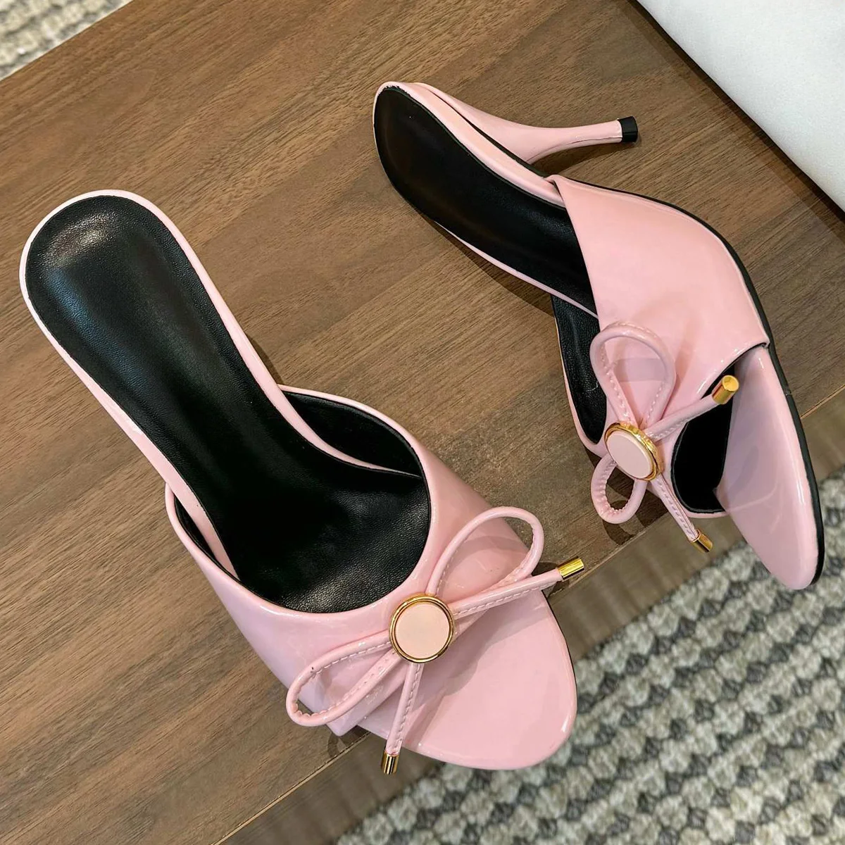 

2026 Women's Bowknot Metal Ornament Open Toe Stiletto Mule Sandals, Elegant Slip-On Heels for Date & Daily Outings YYT25032205