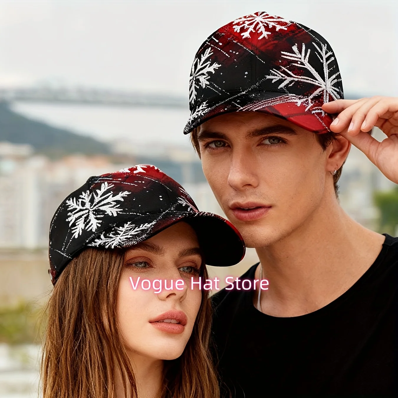 1pc of a Unisex Baseball Cap Featuring a Christmas Snowflake Design, with a Red And Black Festive Pattern. It Is Adjustable, Bre