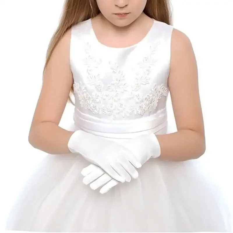 Classic White Children's White Short Satin Gloves Smooth Texture Kids Dance Stage Performance Wedding Flower Girl Accessories