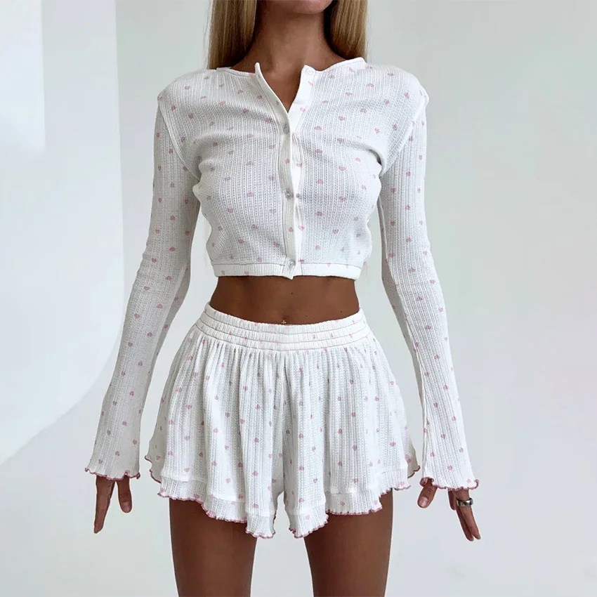 Hiloc Casual Knit Crop Top Print Pajamas Home Ruffles Tops With Wide Leg Shorts 2 Piece Sets O Neck Cute Sleepwear Female 2025