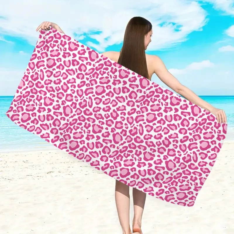 Leopard Print Beach Towel with Pink Bow, Quick Dry Soft Cotton, Stylish Leopard Print with Bow Accent for Summer Pool Use view 2