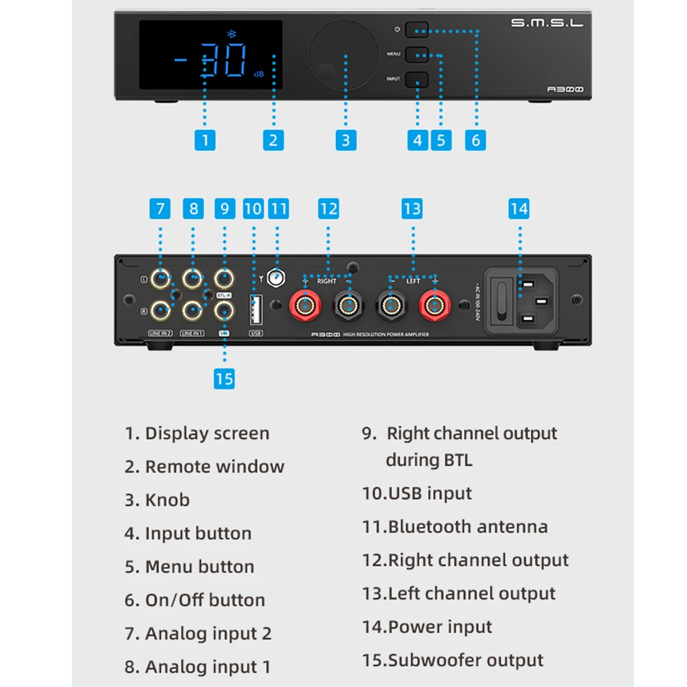 Smsl a300 bluetooth power fone de ouvido amplificador amp 8 modos eq 4ohm/165w * 2 saída de alta potência com controle remoto