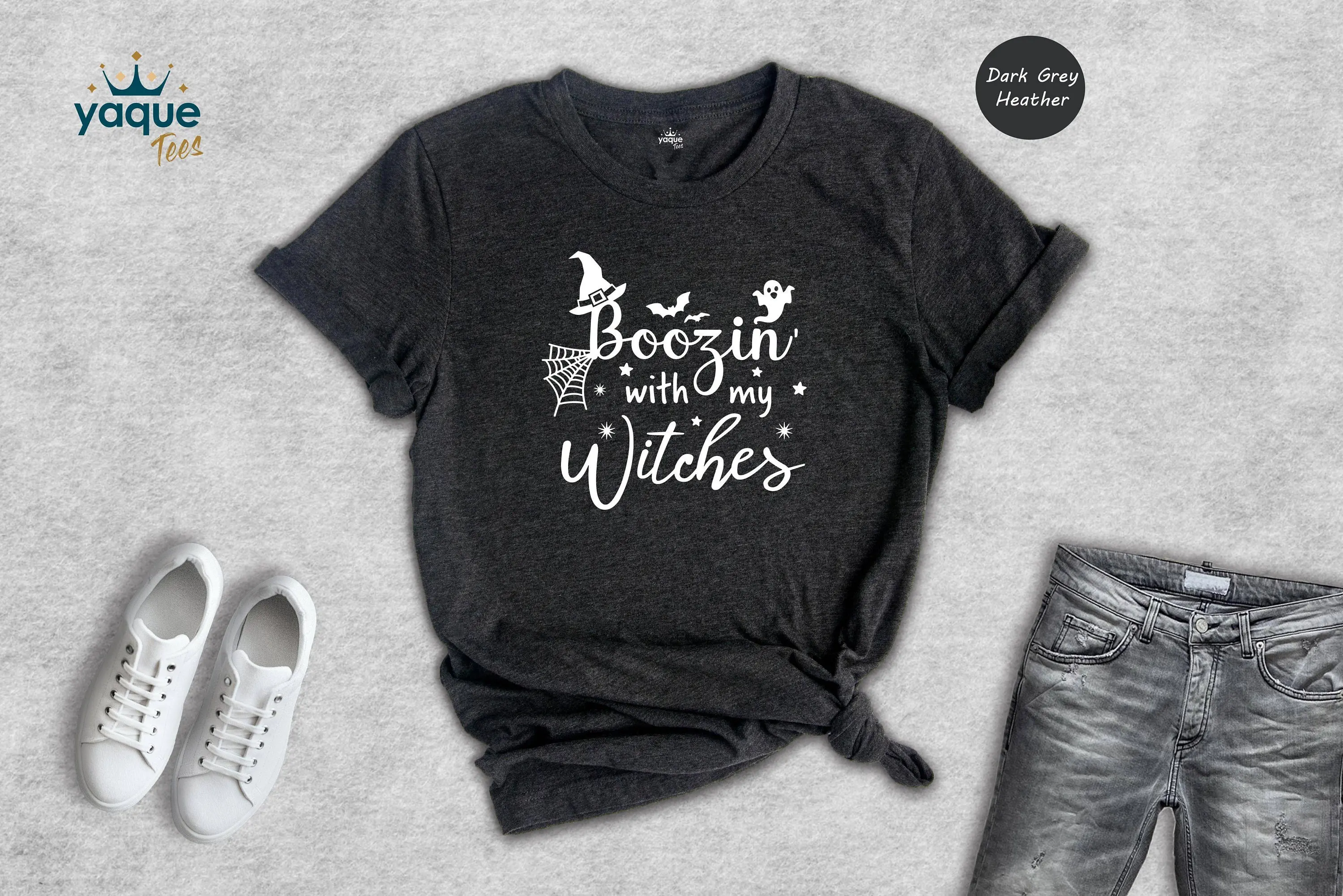 Boozing With My Witches T Shirt Witch Hat Bats And Ghost Halloween Season Spider Web