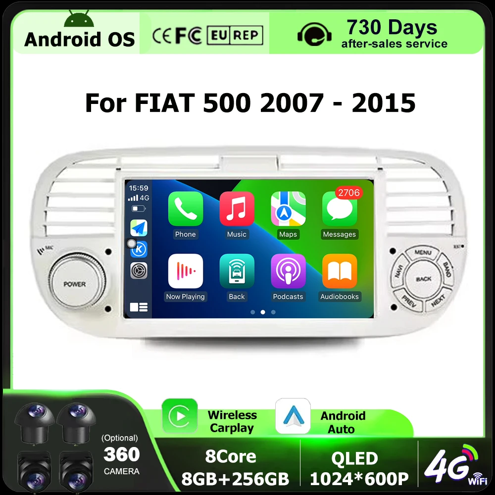 

7-дюймовый Android 16 для FIAT 500 2007-2015 Автомобильный радиоприемник Стерео Мультимедийный плеер 360 Камера BT DSP GPS-навигация Carplay 4G WIFI