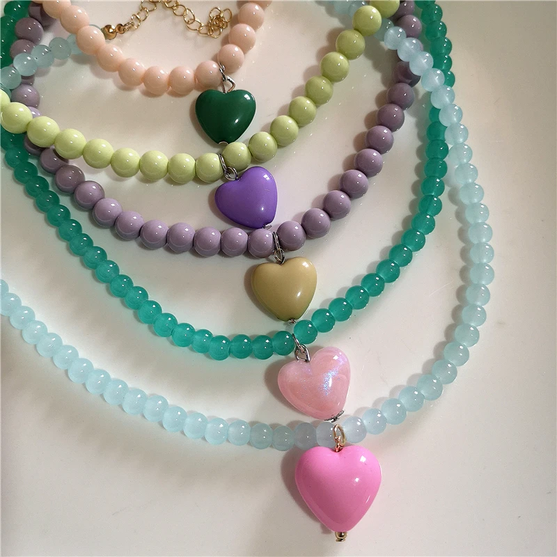 2025 New Color Beaded Chain Resin Heart Pendant Necklace For Women Girls Trendy Clavicle Chain Delicate Jewelry Gift