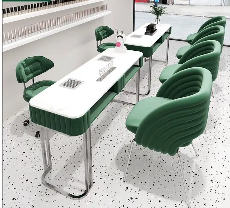 Stainless steel nail desk and chair set with an upgraded vacuum cleaner and plugged-in nail desk