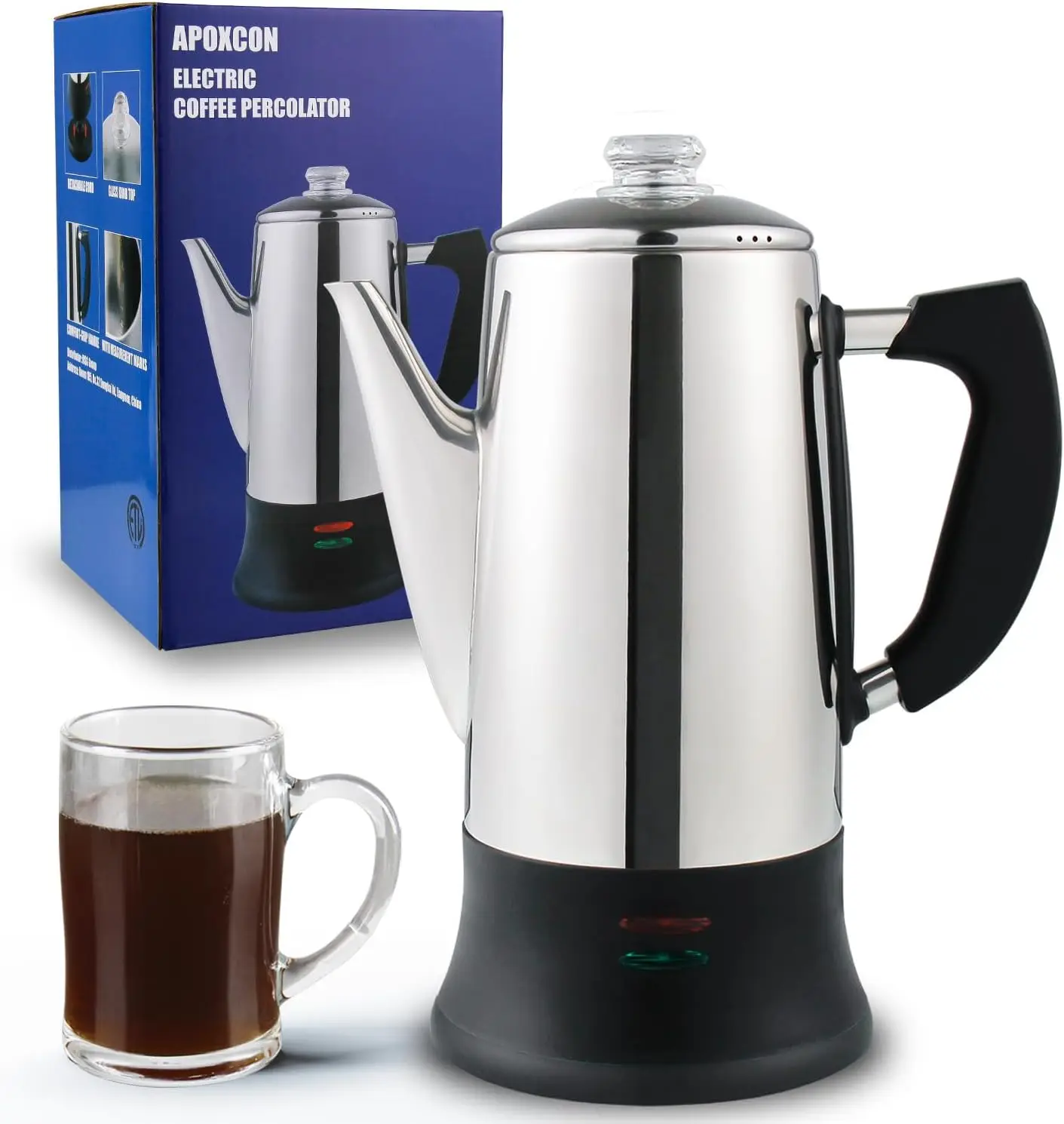 Cafeteira de aço inoxidável com vidro borosilicato temperado resistente ao calor, coador de café, ETL Aprovado, 12 Cup