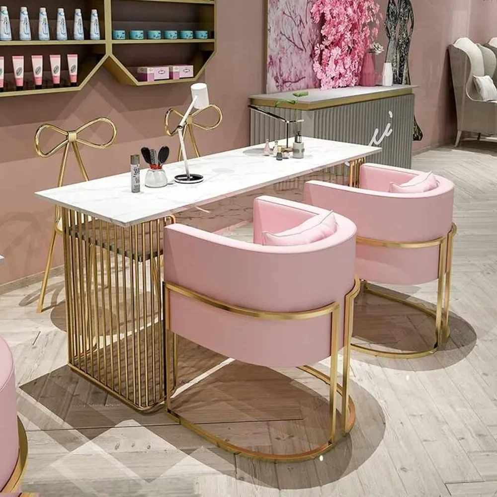 

Portable Marble Manicure Table with Double Layer Storage Stylish Gold Finish Support Legs, Easy Assemble Nail Desk for Salon and