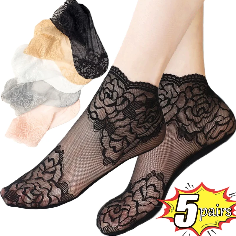 1/5pairs Hollow Non-slip Boat Socks Women Girls Sweet Invisible Lace Flower Sock Sexy Female Hosiery Short Ankle Sox Slippers