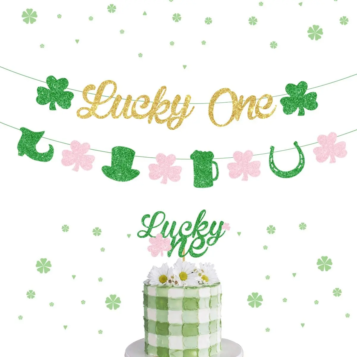 St. Patricks Day First Birthday Party Decorations Lucky One Banner Cake Topper Set for Irish Birthday Decorations Clover Garland