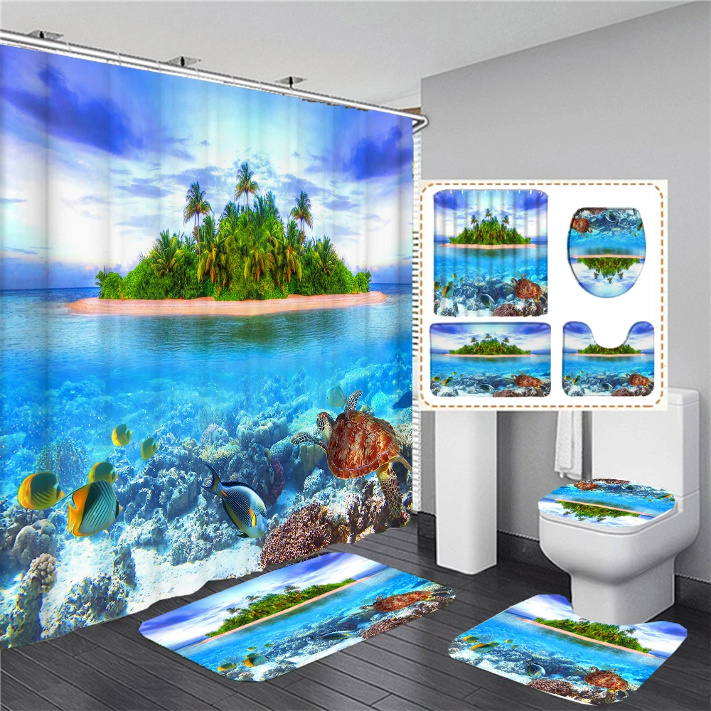 Sea turtles Ocean Dolphin Bathroom Waterproof Shower Curtain Set with 12 Hooks Bath Non-Slip Mat Rugs Carpet Toilet Seat Cover