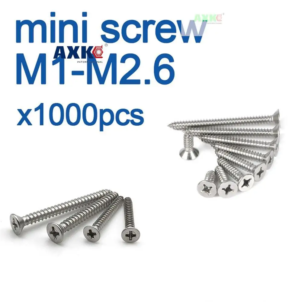 1000pcs/lot  M1 M1.2 M1.4 M1.7 M2 M2.6  Mini 304 stainless steel Cross Phillips Flat Countersunk Head Self-tapping Wood Screw