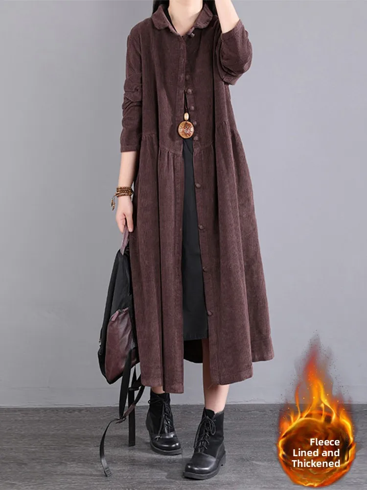 

Thiened Corduroy Windbreaker Dr Coat Women's Large Size Warm Retro Stripe Velvet Windbreaker Dr Autumn Winter Outerwear