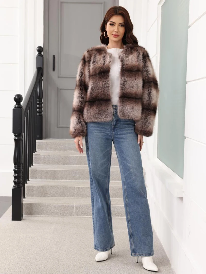 Modischer Kunstpelz-Jackenmantel für Damen, Herbst-Winter, Farbverlauf, gestreifter Pelzmantel, neu in Oberbekleidung, Rundhalsausschnitt, kurze Plüschjacke