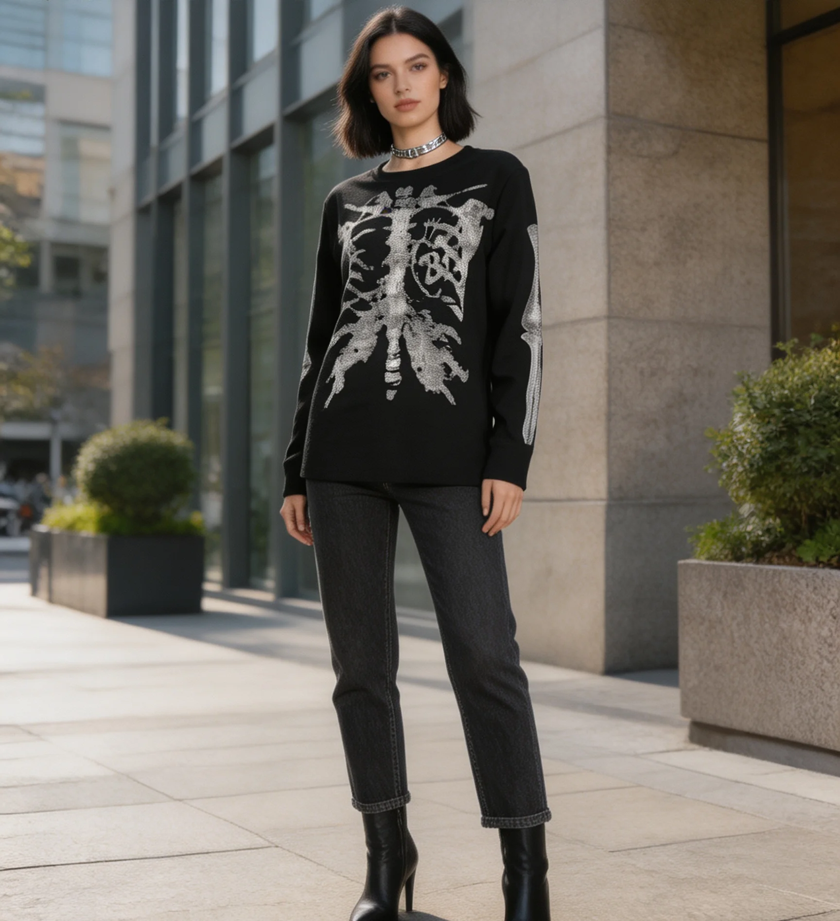 Herbst- und Winter-T-Shirt im amerikanischen Street-Punk-Stil mit Sternum-Print, trendigem, coolem Design und Waffelstruktur. – Detail 2