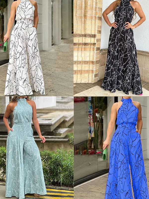

Sexy Halter One-Piece Suit Abstract Print Wide Leg High Waist Long Pants Cotton Blend Polyester Spring 2026 Chinese Origin