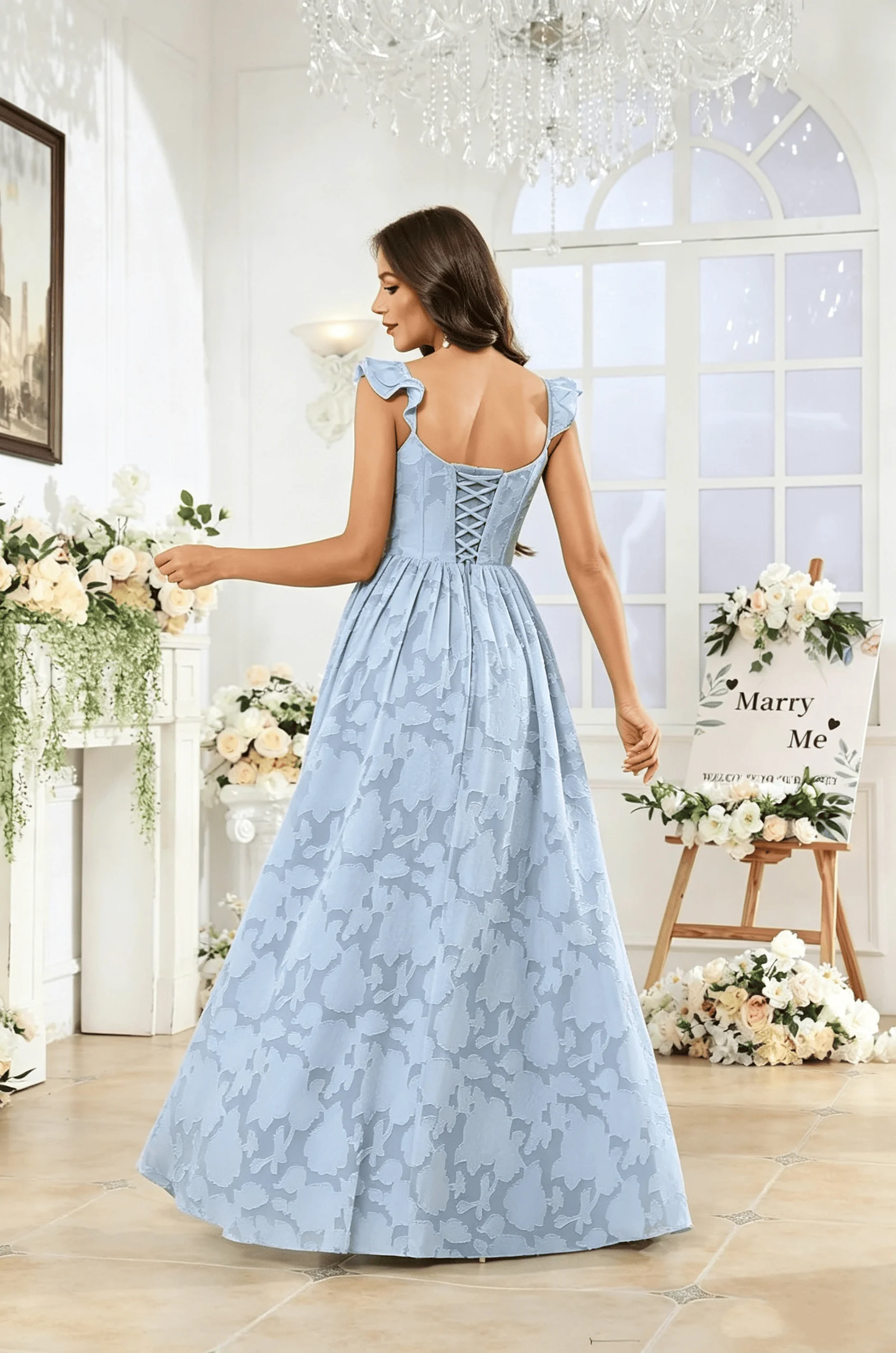 Women Ruffle Strap Sweetheart Formal Embossed A-Line Floor Length Bridesmaid Evening Party Long Gown Without Train Ball Gown