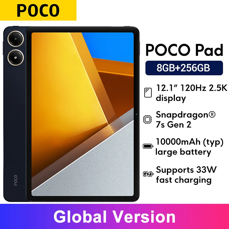 POCO Pad-نسخة عالمية بطارية شحن سريع ، 7S Gen 2 ، مكبرات صوت رباعية ، 33W ، snaplah ، Snapdragon من من من من ، من ، من ، من ، إلى ، من ، إلى ، بشاشة عرض K