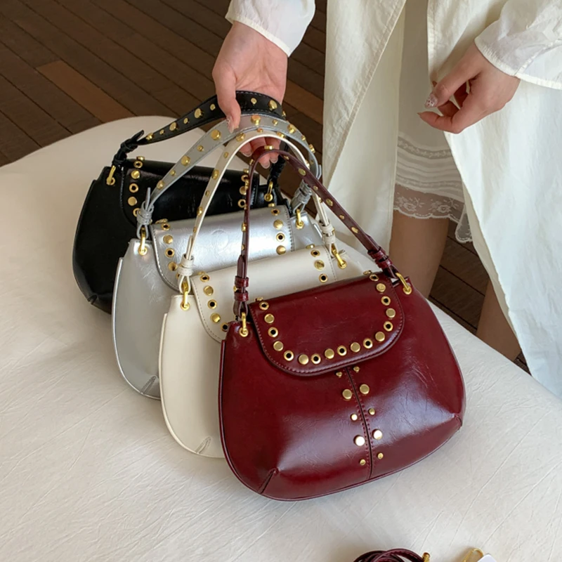 

Silver Side Bag Ladies Designer Small Saddle Crossbody Bag Solid Color Pu Leather Handbag Retro Rivet Shoulder Bag Trend Clutch