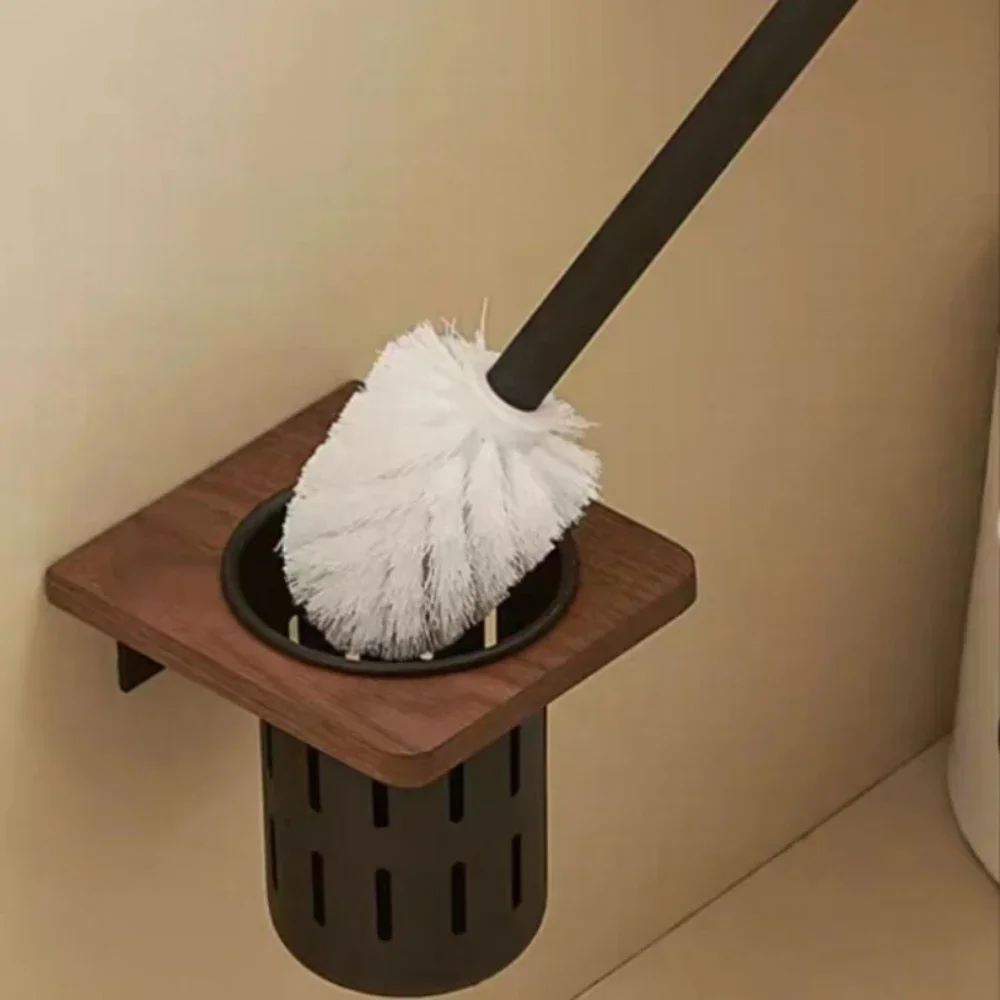 

Walnut Metal Toilet Brush Holder Wall Mounted No Dead Toilet Brush Storage Rack Bathroom Shelf Toilets Set Accessories