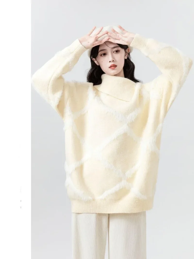 

MiiiiX сладкий шарф с воротником Argyle, вязаный свитер, женский пуловер, новинка осени 2024, теплый мягкий утолщенный трикотаж, женская одежда