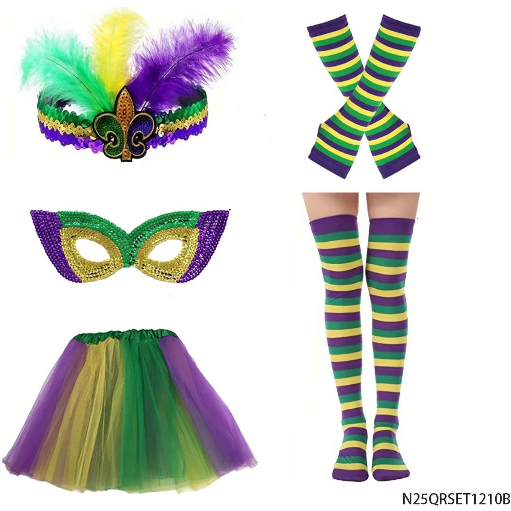 PESENAR Mardi Gras Conjunto de fantasia de penas, máscara de cabeça, saia tutu, meias listradas, acessório de festa