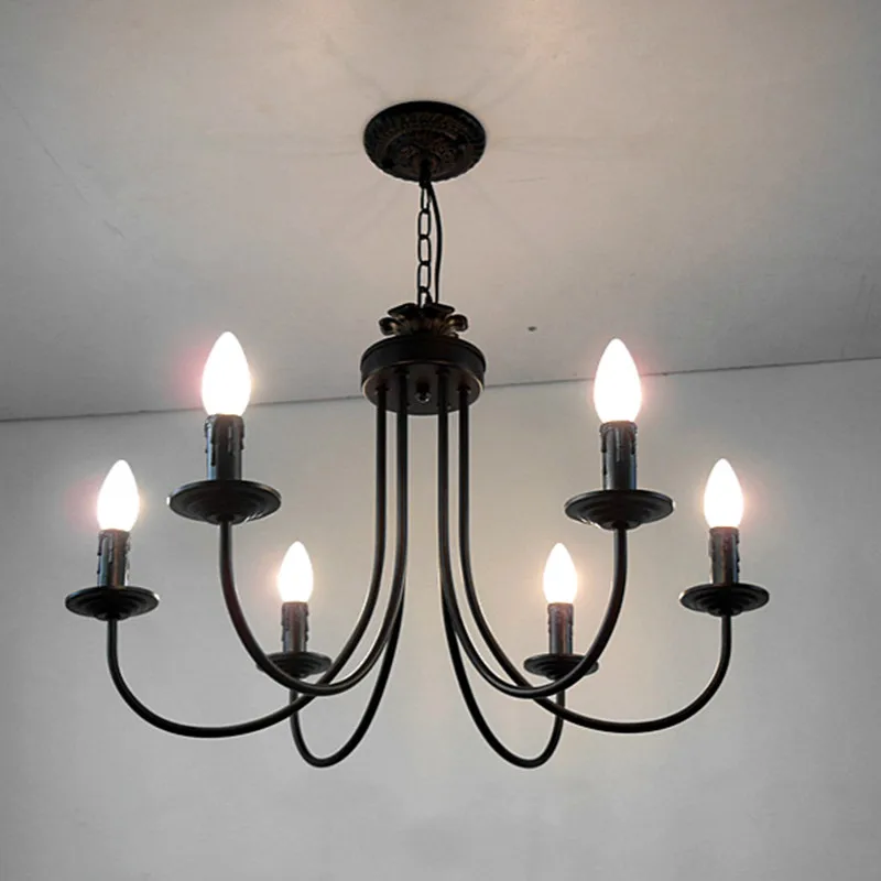 American Black Curved Arm Chandelier Light LED Hanging Lamp Classic European Wrought Iron Chandeliers Candle Lighting Fixture