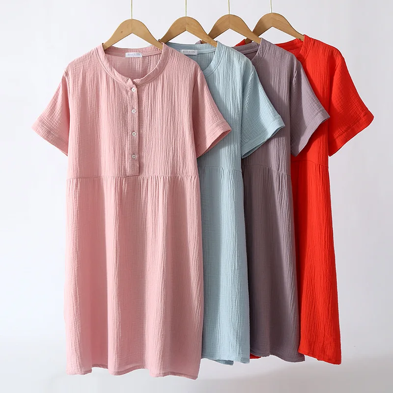 New Women Short Sleeve Crepe Gauze Four-button Long Skirt Nightdress Home Dress Round Neck Short Sleeve Nightwears for Ladies