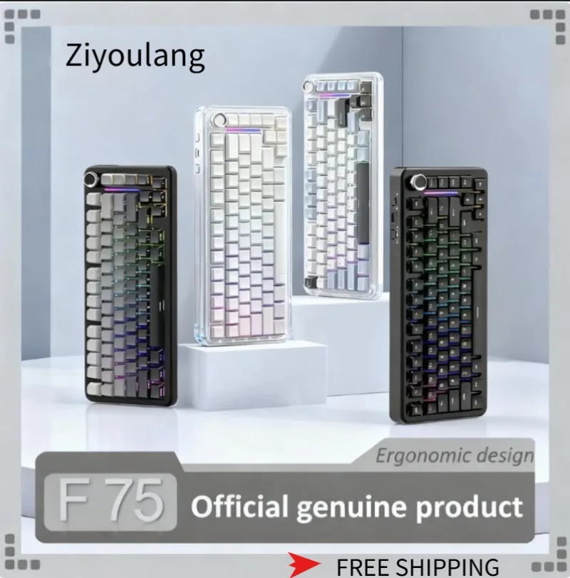 Ziyoulang F75Tri-mode Mechanical Keyboard 75%Layout  81keys Grasket Structure TFT Color Screen Metal Rotary Knob Gaming Keyboard